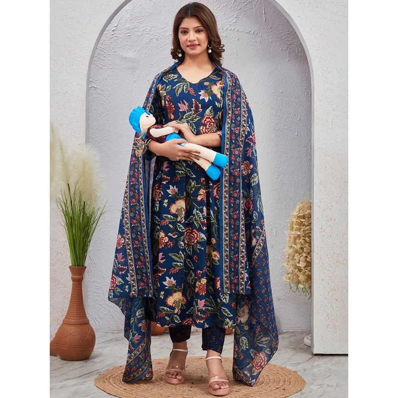 SKY FAB Floral Printed V-Neck Maternity A-Line Kurta With Trousers & Dupatta