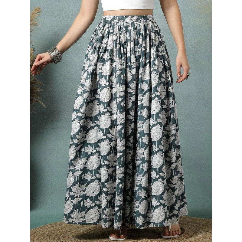 SUNEKH Floral Printed Cotton Flared Maxi Skirt