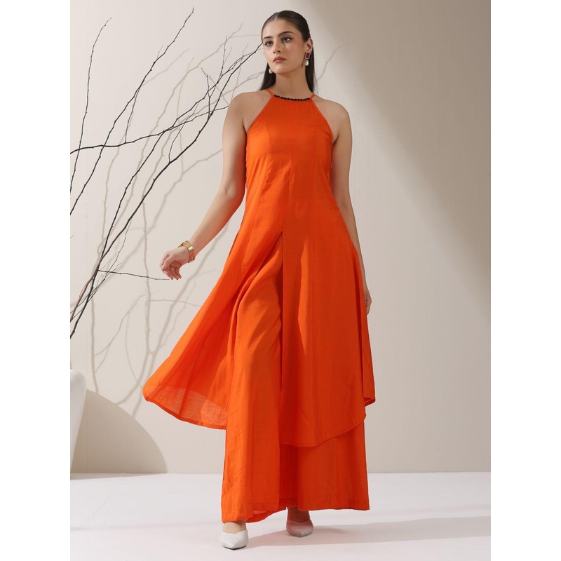 Swtantra Halter Neck Beads And Stones A-Line Fusion Kurta With Palazzo