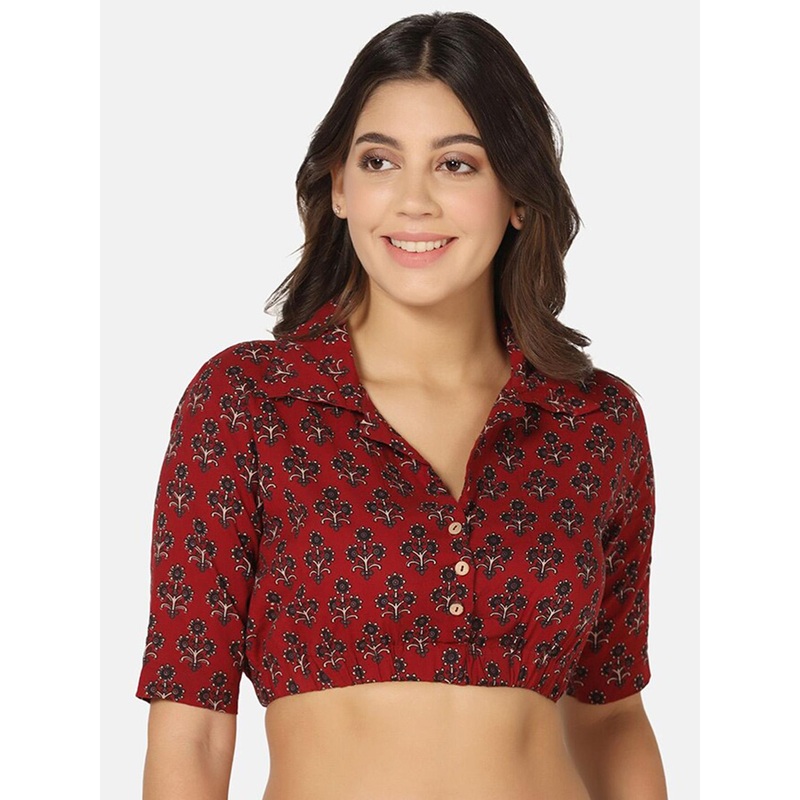 THE WEAVE TRAVELLER Ajrak Printed Cotton Shirt Collar Saree Blouse