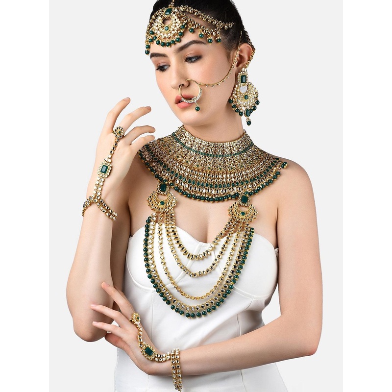 Zaveri Pearls Gold-Plated Green & White Kundan-Studded & Beaded Bridal Jewellery Set