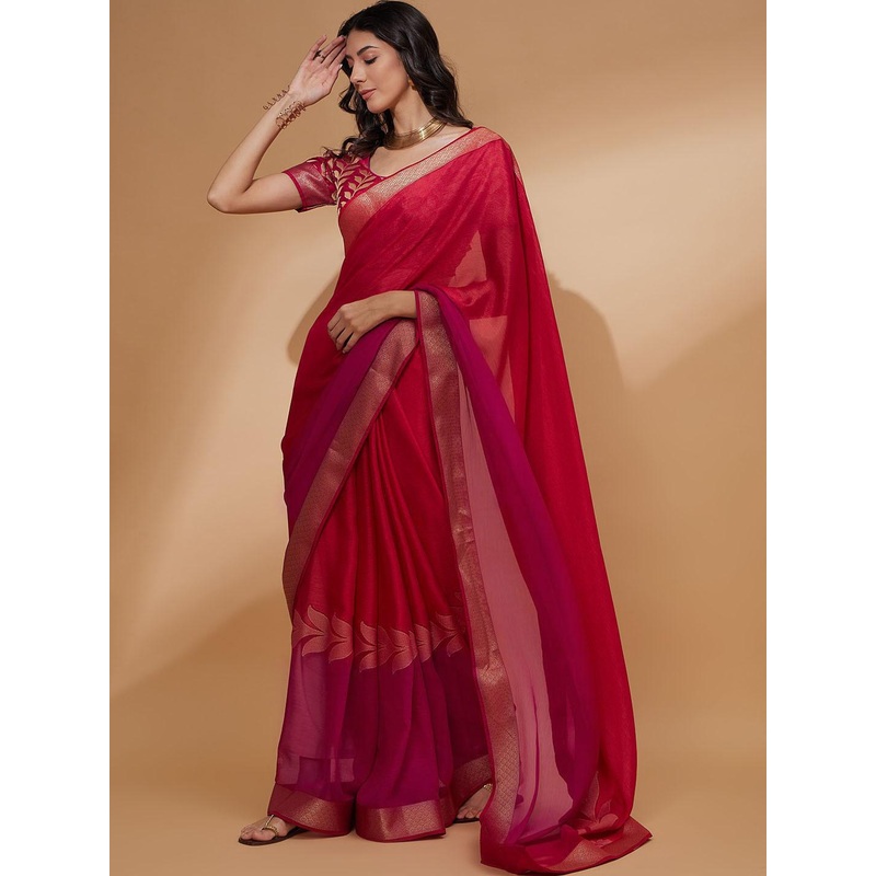 all about you Pink Floral Woven Design Zari Detailed Pure Chiffon Saree