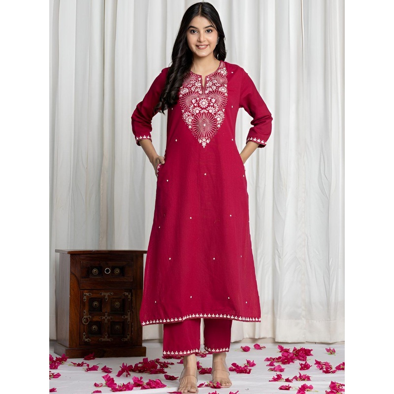ALLEN WEAVE Ethnic Motifs Embroidered Notch Neck Thread Work Kurta With Trousers