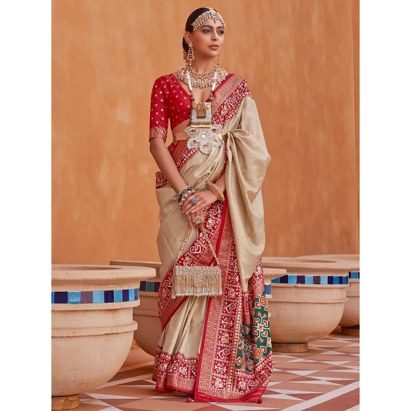Anouk Cream-Coloured & Red Woven Design Zari Silk Blend Patola Saree