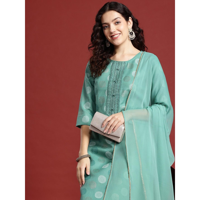 Anouk Ethnic Motifs Foil Printed Regular Sequinned Kurta with Trousers & Dupatta