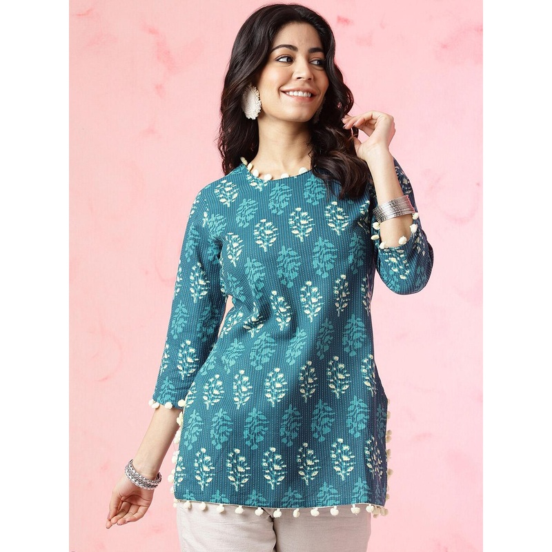 Anouk Teal Blue Ethnic Motifs Printed Pom Pom Pure Cotton Straight Short Kurti