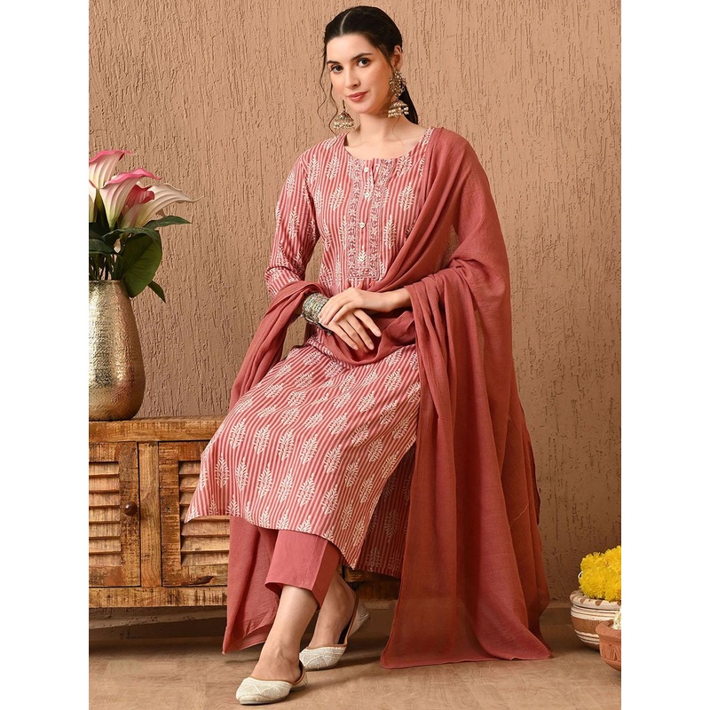 Anouk Women Floral Printed Regular Pure Cotton Kurta with Trousers & With Dupatta