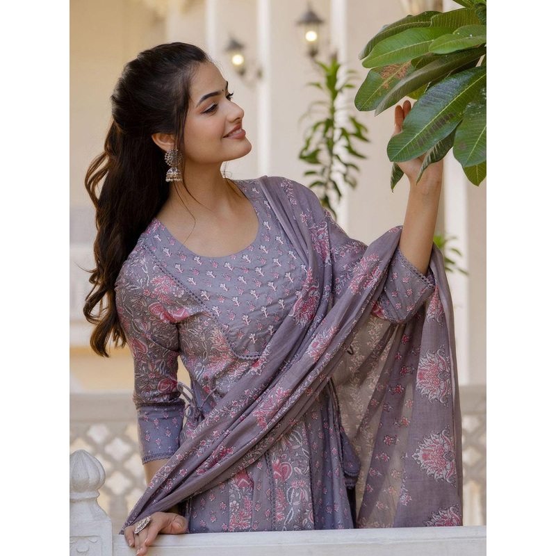 Anouk Women Floral Yoke Design Panelled Aari Work Pure Cotton Kurta with Trousers & With Dupatta