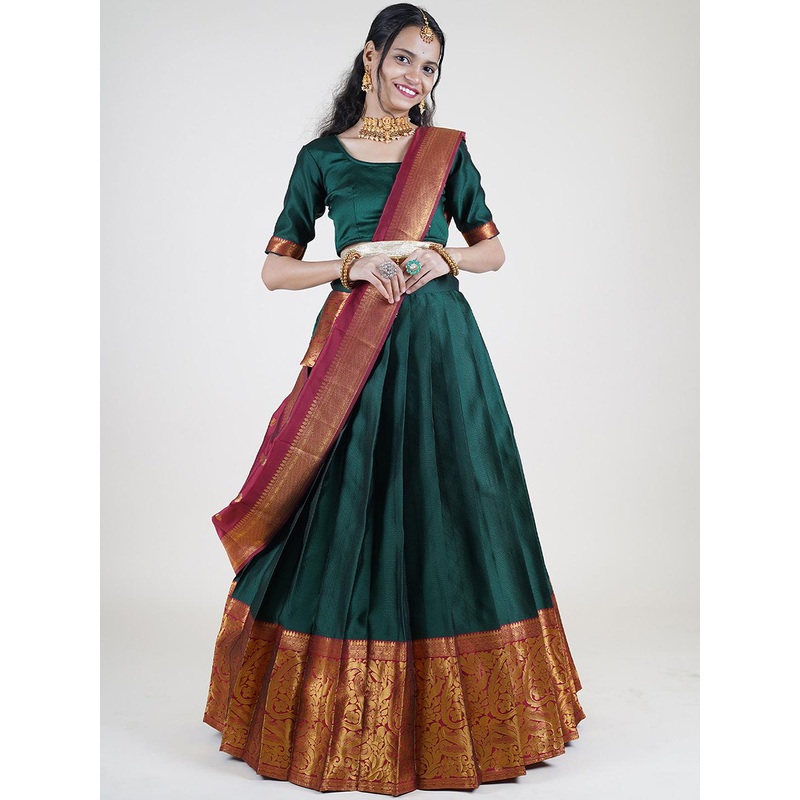 DIVASTRI Woven Design Round Neck Zari Silk Half Saree & Unstitched Blouse With Dupatta