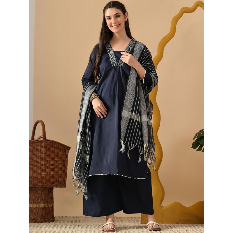 DIZON Women Ethnic Motifs Embroidered Regular Thread Work Kurta with Palazzos & With Dupatta