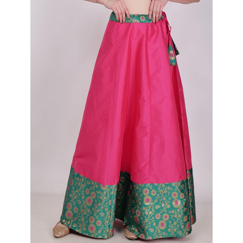 Frolic Rolic Pink & Green Floral Jacquard border Silk Maxi Skirt