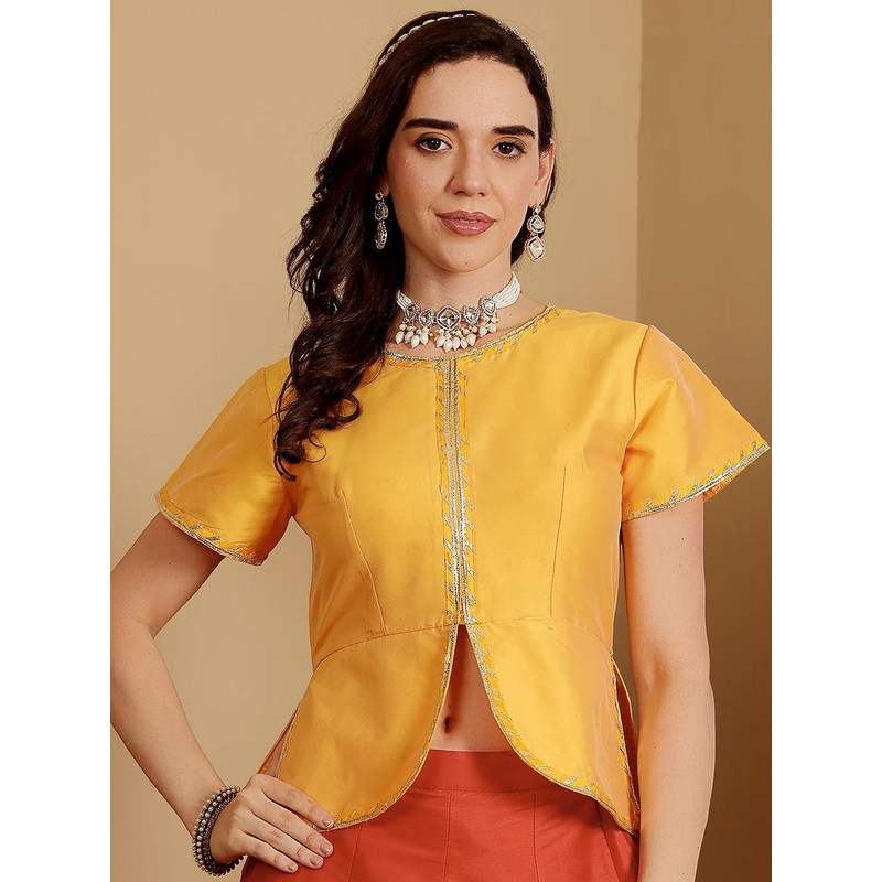 Frolic Rolic Women Lace-Detail Round Neck Short Sleeves Saree Blouse