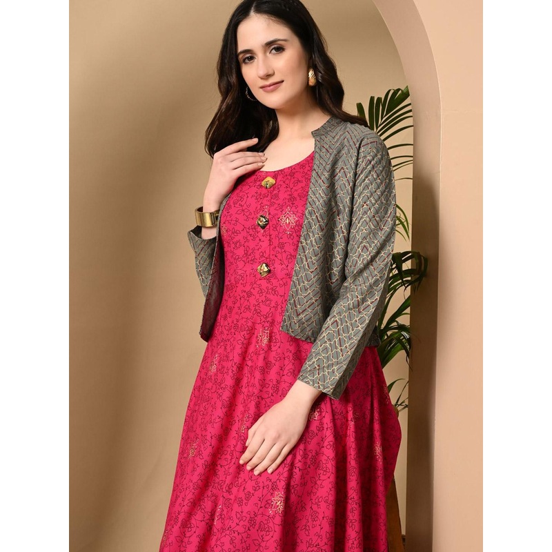 ftDiva Floral Printed Round Neck Anarkali Kurta With Jacket