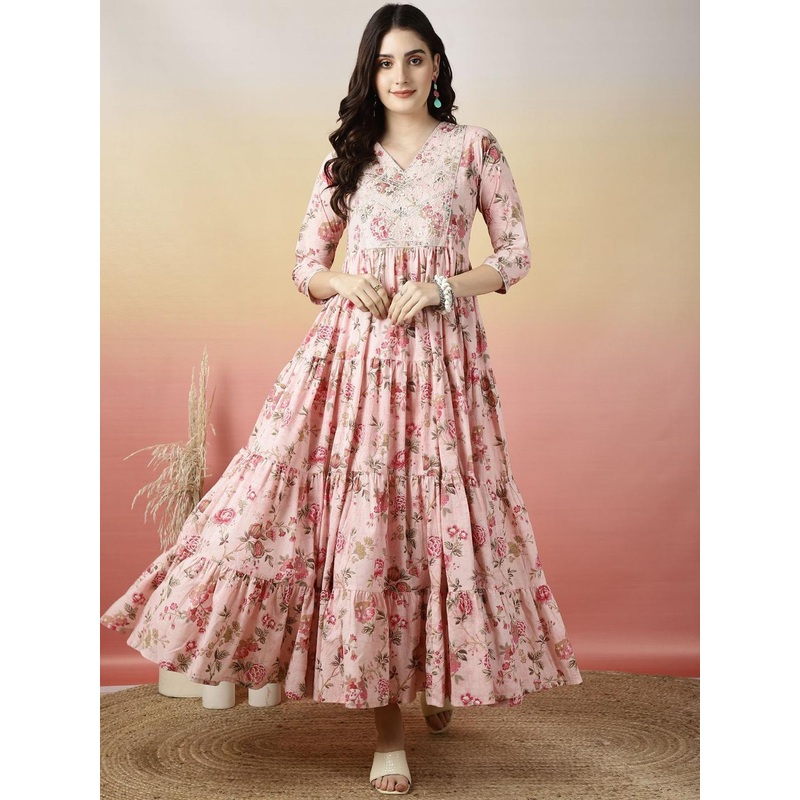 GLAM ROOTS Floral Embroidered Thread Work Cotton Tiered Anarkali Kurta