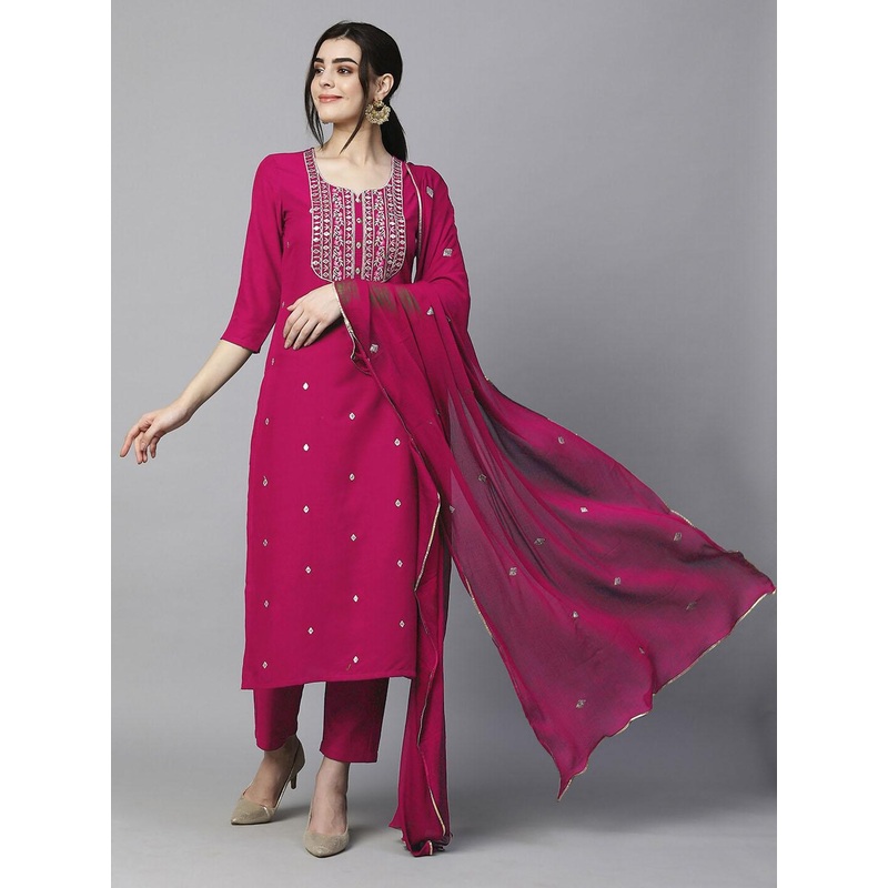 GoSriKi Ethnic Motifs Embroidered Straight Kurta with Trousers & Dupatta
