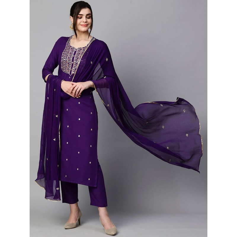 GoSriKi Floral Embroidered Regular Kurta With Trousers & Dupatta