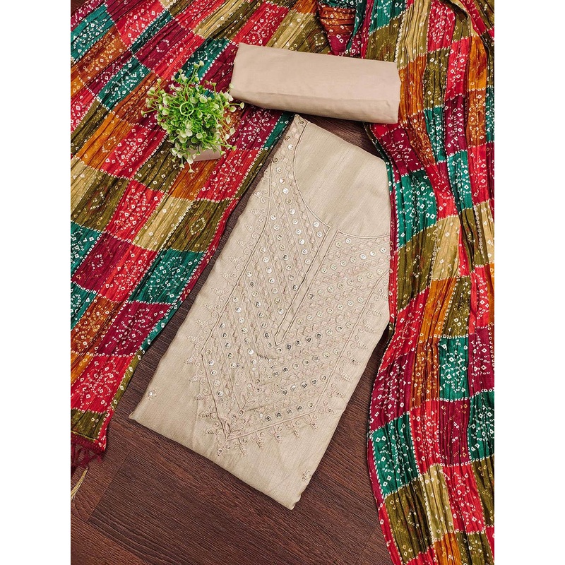 HERE&NOW Embroidered Sequinned Pure Cotton Unstitched Dress Material