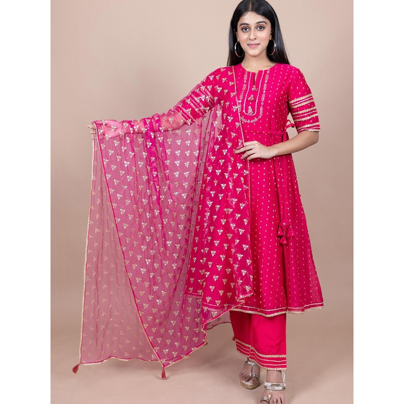 HERE&NOW Magenta & Gold-Toned Ethnic Motifs Embroidered Dupatta