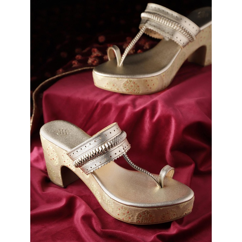 House of Pataudi Women Gold-Toned Braided Detail Handcrafted One-Toe Block Heels