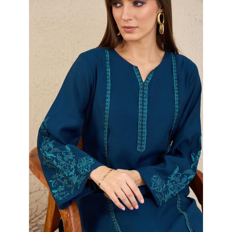 Indo Era Ethnic Motifs Embroidered Flared Sleeves Notch Neck Straight Kurta with Trousers