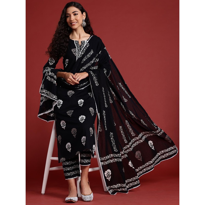 Indo Era Floral Printed Regular Pure Cotton Kurta With Trousers & Dupatta