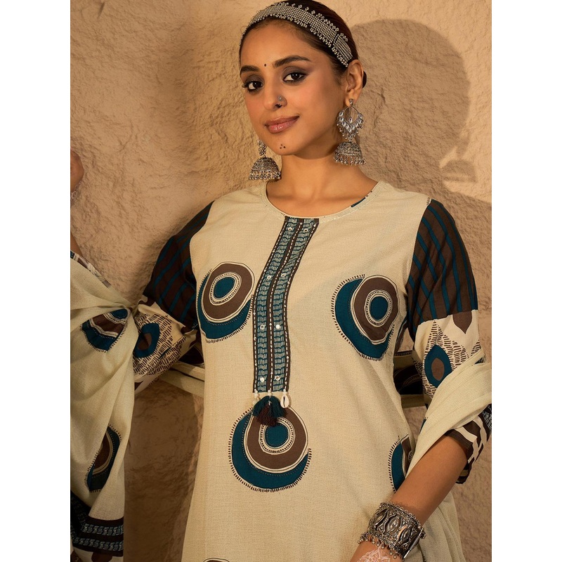 Indo Era Women Abstract Printed Cotton Kurta with Trousers & Dupatta