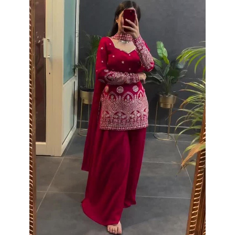 IRVAAH Women Ethnic Motifs Embroidered Silk Kurta with Palazzos & Dupatta