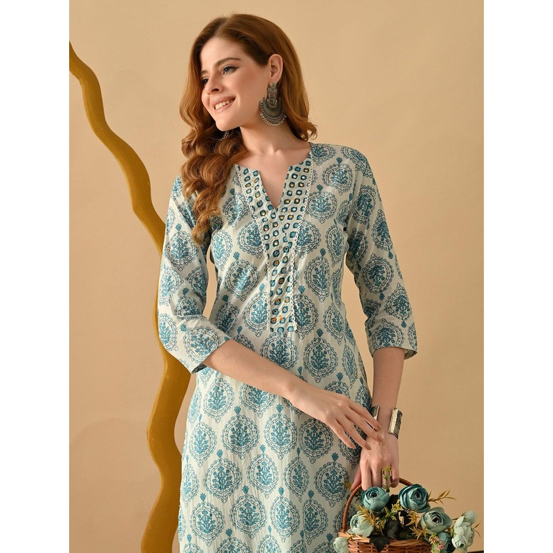 Jasoriya Floral Printed V-Neck Mirror Work Cotton Straight Kurta