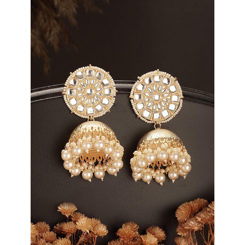 Jazz and Sizzle Gold-Plated Artificial Stone Studded & Beaded Dome Shaped Jhumkas
