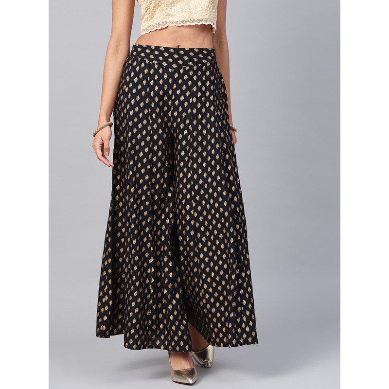 Juniper Women Black & Gold-Toned Printed Flared Palazzos