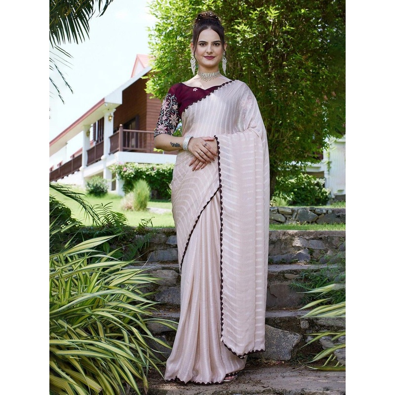 K 5 Fashion Striped Beads and Stones Pure Chiffon Saree