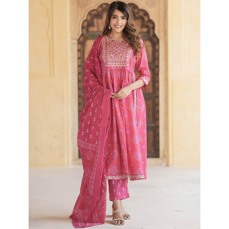 KALINI Bandhani Embroidered Regular Thread Work Pure Cotton Kurta with Trousers & Dupatta