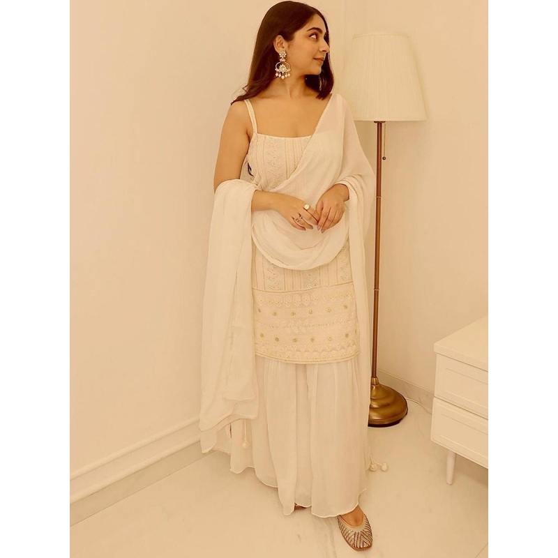 KALINI Ethnic Motifs Embroidered Sequined Kurta & Sharara With Dupatta