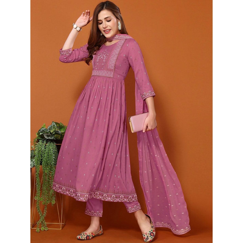 KALINI Ethnic Motifs Foil Printed Regular Kurta With Trousers & Dupatta