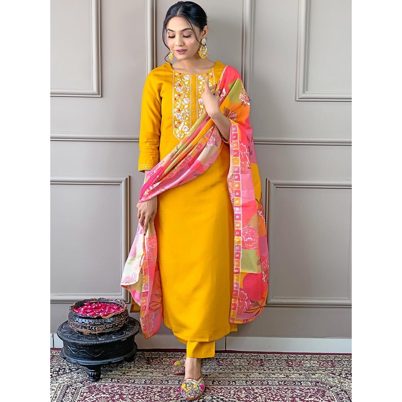 KALINI Floral Embroidered Straight Kurta With Trousers & Dupatta