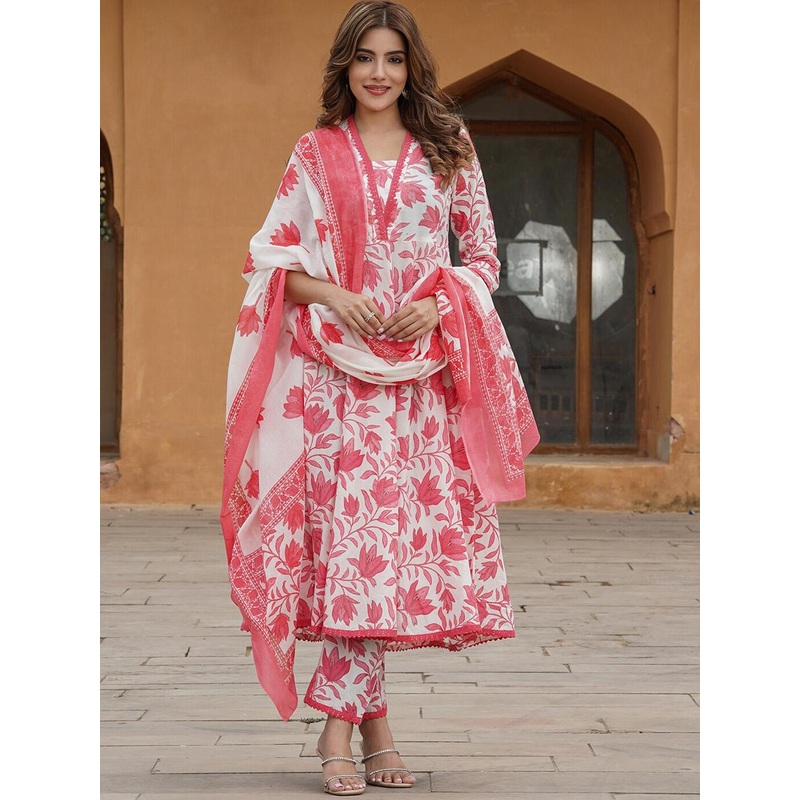 KALINI Floral Printed Pure Cotton Anarkali Kurta with Trousers & With Dupatta