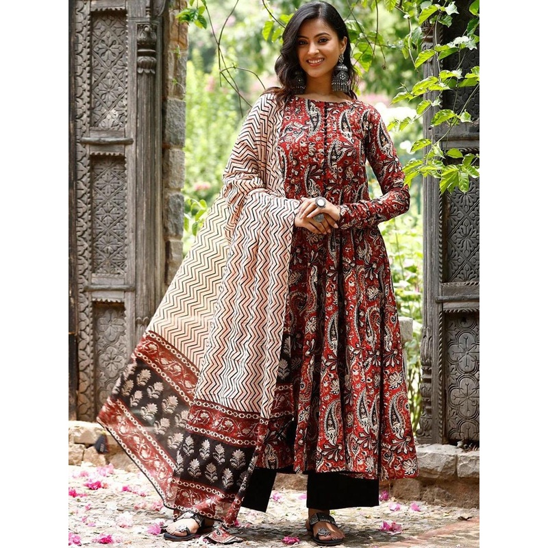 KALINI Floral Printed Round Neck Anarkali Kurta With Trousers & Dupatta