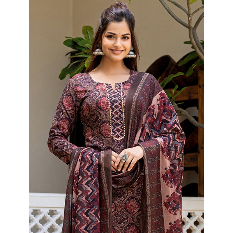 KALINI Geometric Printed Notch Neck Kurta With Trousers & Dupatta