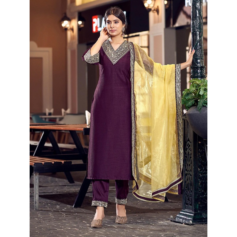 KALINI V Neck Embroidered Thread Work Kurti with Trousers & With Dupatta