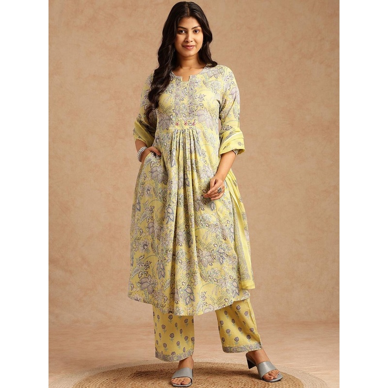 KALINI Women Floral Printed Regular Pure Cotton Kurta with Palazzos & With Dupatta