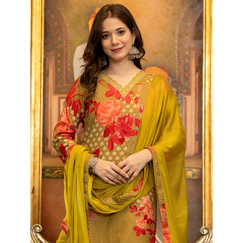 KALINI Women Floral Printed Regular Sequinned Kurta with Trousers & With Dupatta