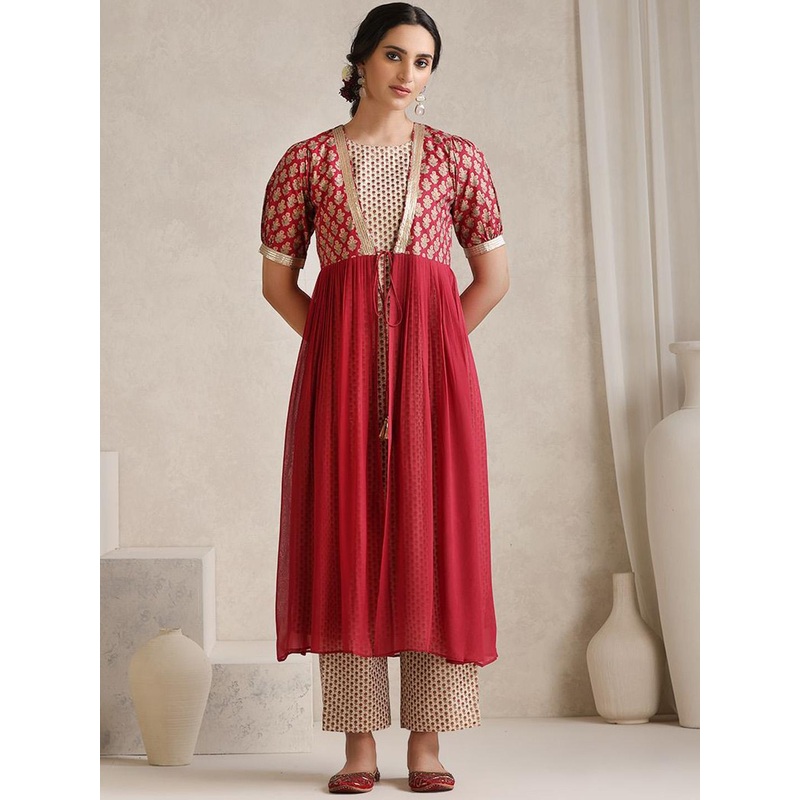 Khushal K Floral Printed Tunic With Trouser & Traditional Jacket Style Co-Ords