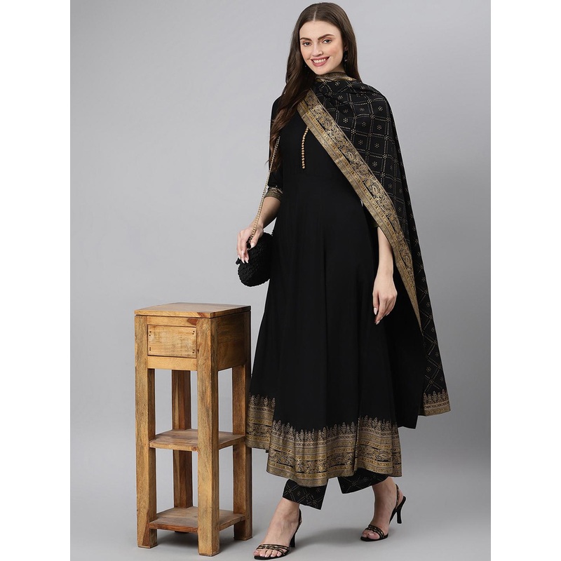 Khushal K Women Black Ethnic Motifs Printed Kurta with Palazzos & With Dupatta