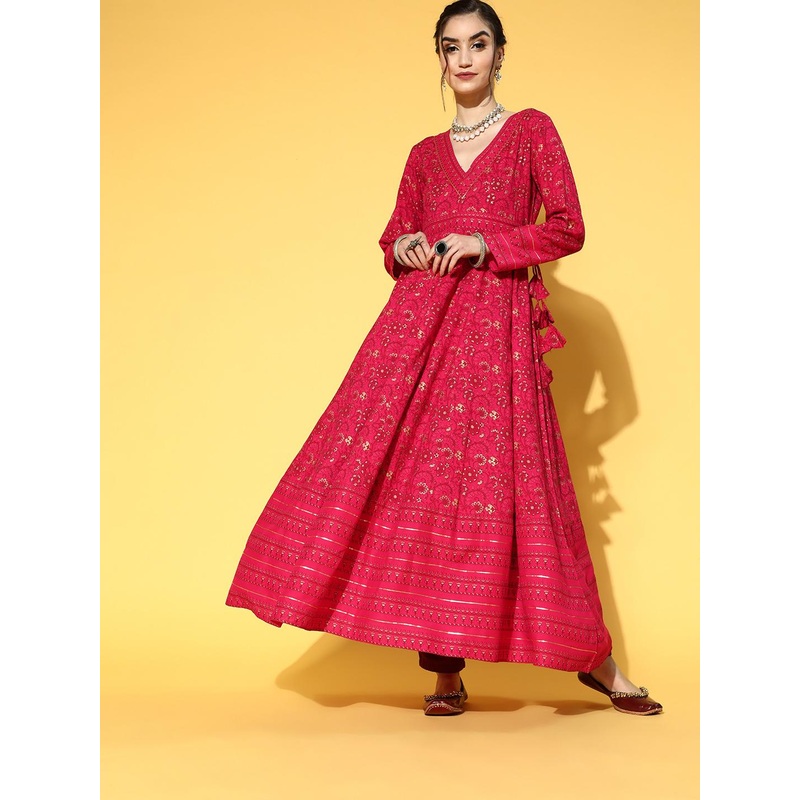 kipek Women Pink Floral Printed Anarkali Kurta