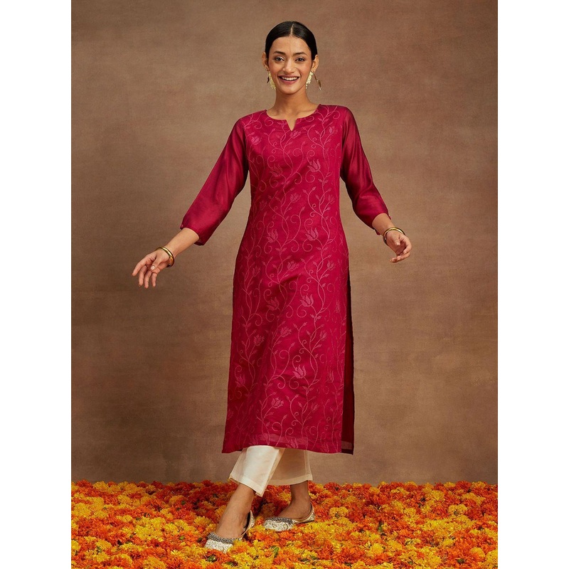 Libas Floral Embroidered Notch Neck Chanderi Silk Straight Kurta