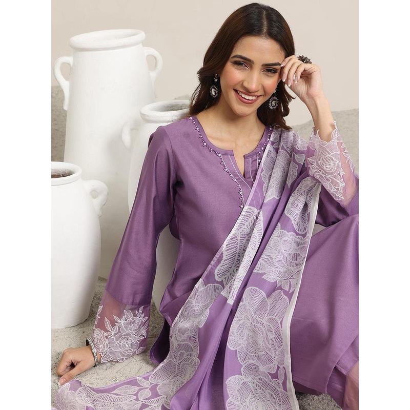 Libas Women Ethnic Motifs Yoke Design Regular Beads and Stones Kurta with Trousers & With Dupatta