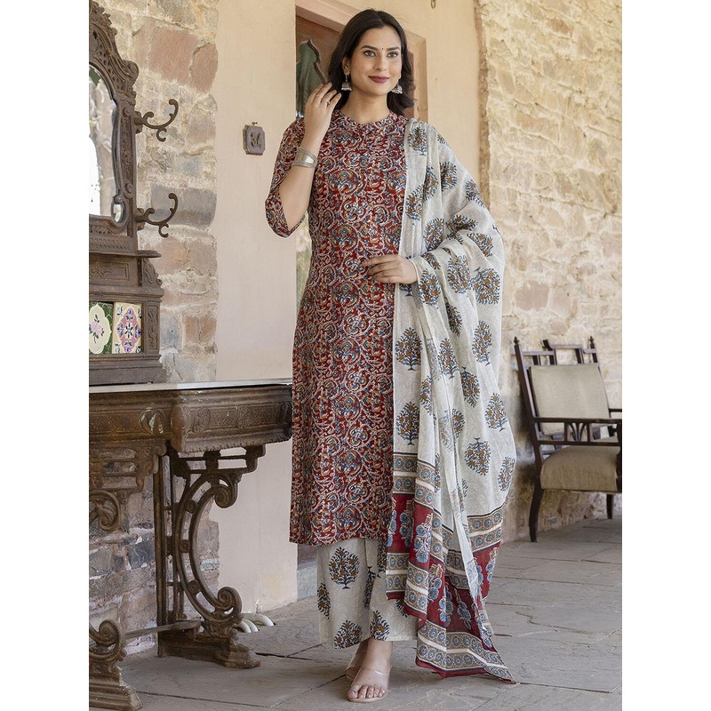 Nayo Women Maroon & Cream-Coloured Printed Kurta with Palazzos & Dupatta