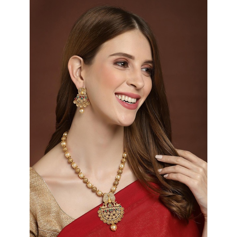 PANASH Gold-Plated Stone Studded Peacock-Shaped Jewellery Set