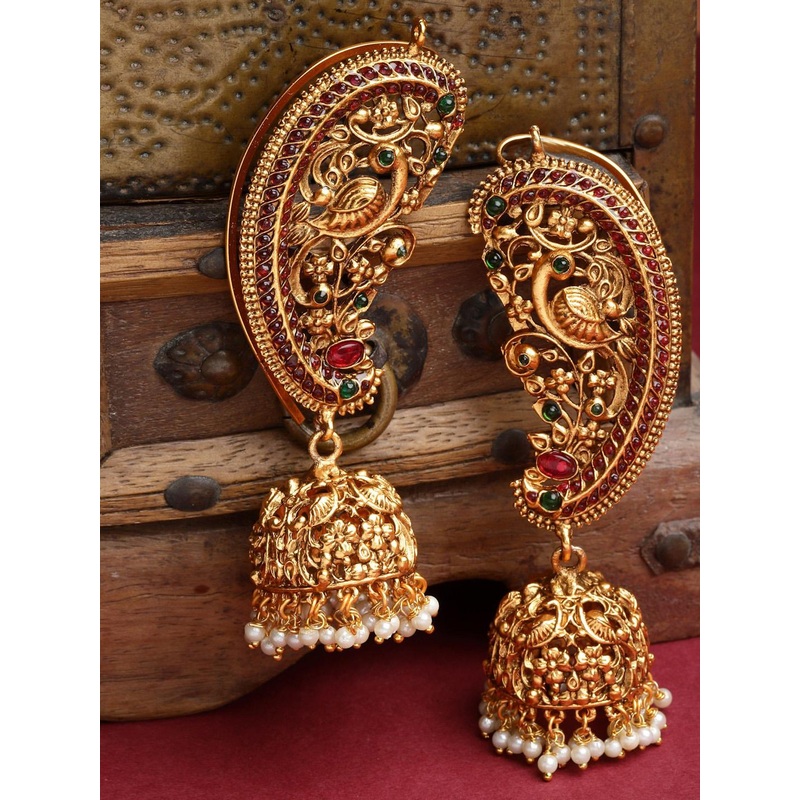 PANASH PANASH Gold-Plated Pearl & Stone-Studded Peacock Shaped Ear Cuff Earrings