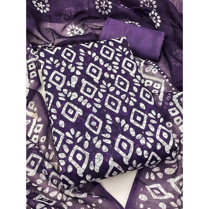 Peachmode Geometric Batik Printed Chanderi Silk Unstitched Dress Material